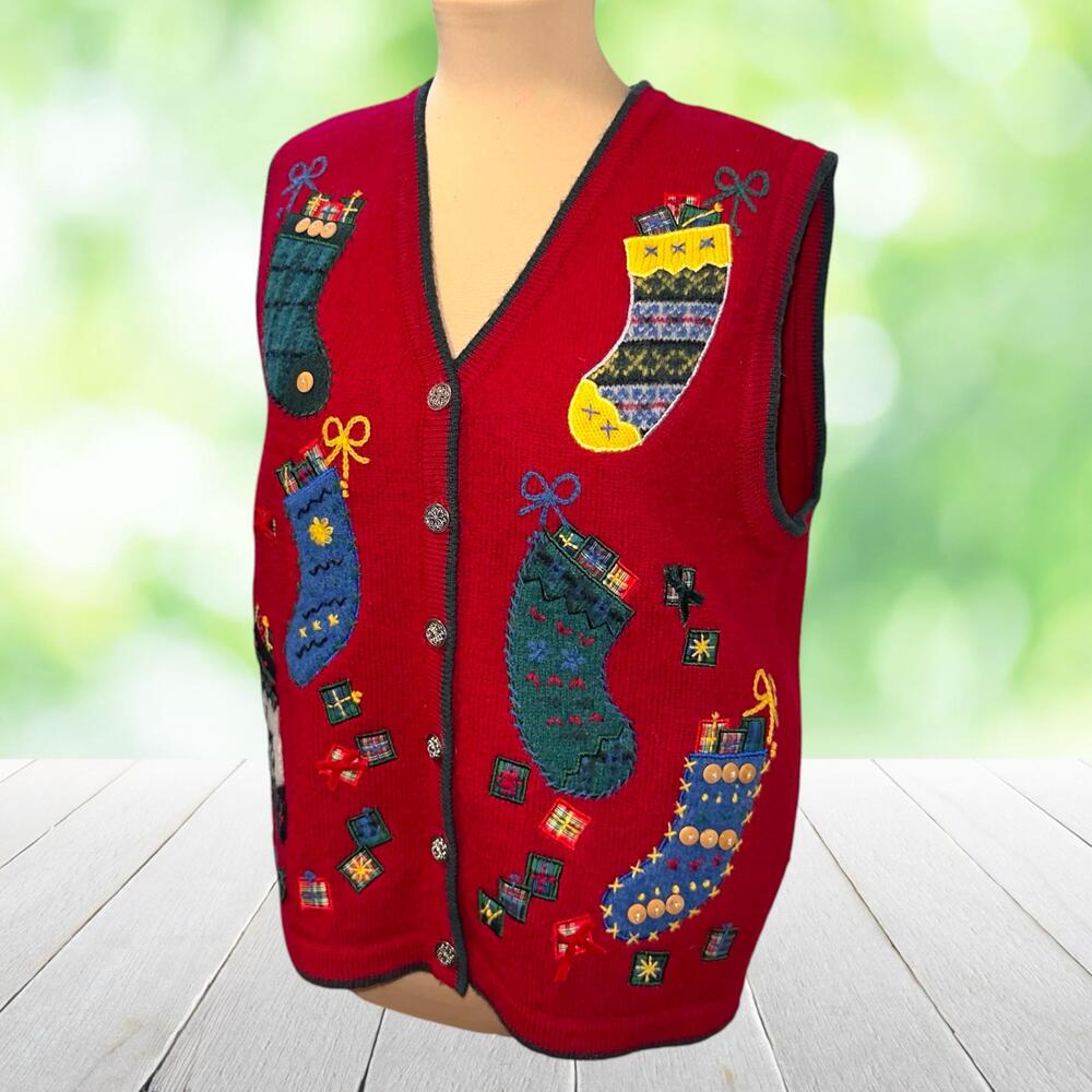 Vintage TALBOTS Embroidered Christmas Sweater Vest 100% Wool Stockings Red Sz M